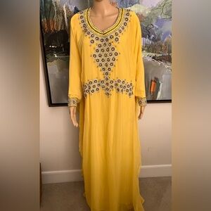 Royal canary  yellow kaftan gown fully lined crystal embroidered opulence